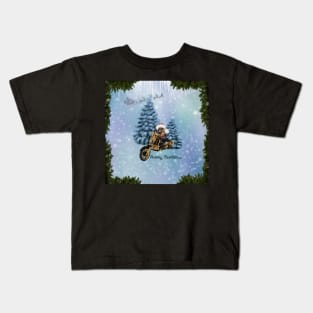 Merry christmas, funny mouse on a motorcycle with christmas hat Kids T-Shirt